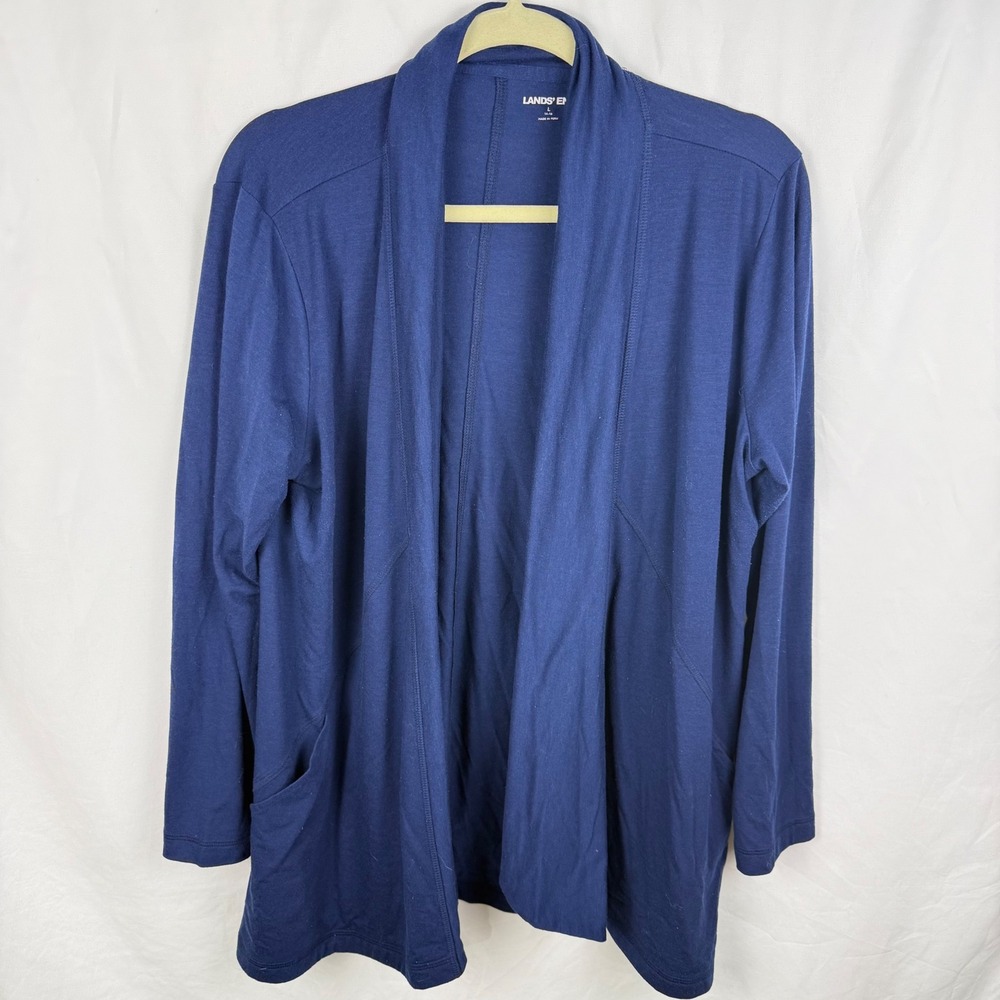 Lands End Navy‎ Blue Long Line Lightweight Jersey Knit Cardigan Large Coastal